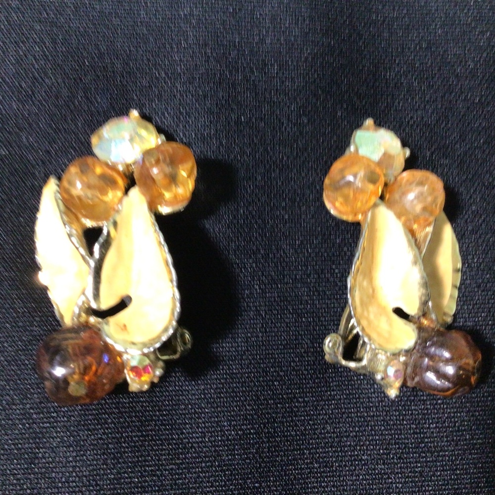 Vintage 1950s Enamel Leaf Earrings with Crystals & Aurora Borealis Rhinestones